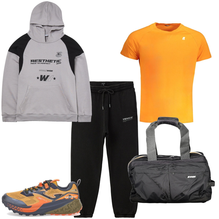 Outfit uomo - In palestra a dicembre. Stile Casual per Sport. Abbinamento con pantaloni sportivi, felpe sportive, scarpe sportive, t-shirt, borse sportive.
