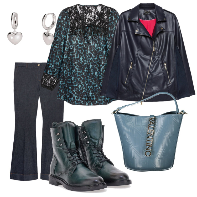 Outfit donna - Il mio power casual. Stile Casual chic per Ufficio. Abbinamento con orecchini, anfibi, borse a mano, jeans a zampa, bluse, giacche.