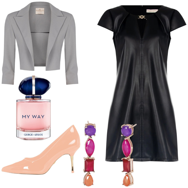 Outfit donna - My way. Stile Chic per Serata fuori. Abbinamento con profumi, orecchini, vestiti, blazer, décolleté.