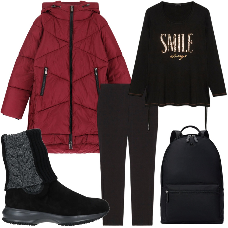 Outfit donna - Il giaccone versatile. Stile Casual per Scuola/Università. Abbinamento con stivaletti, piumini, zaini, jeggings, t-shirt.