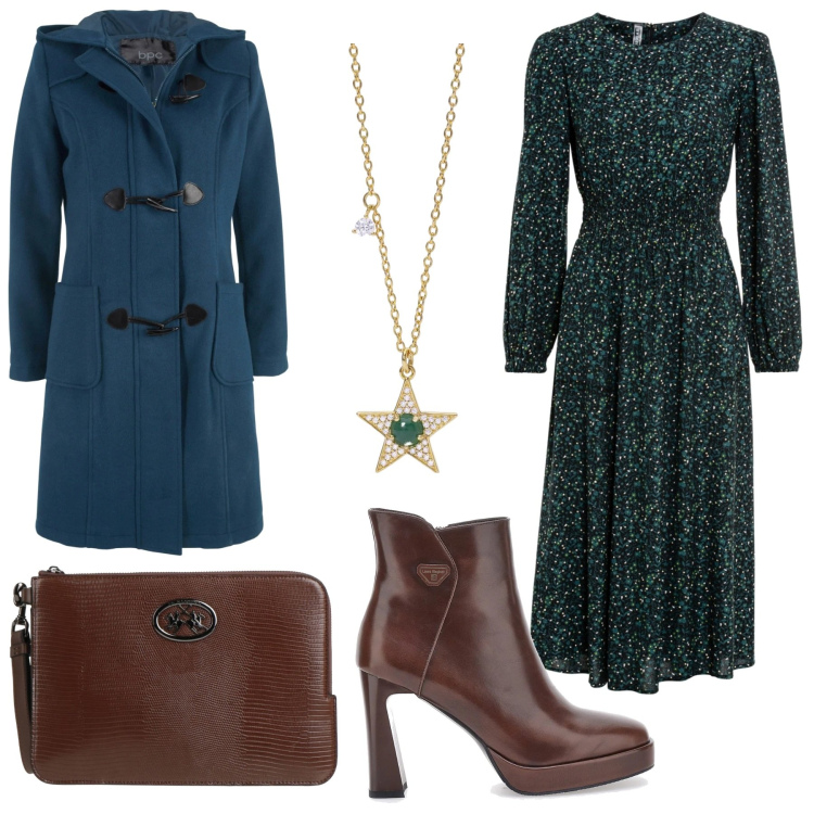 Outfit donna - Total look #2017088. Stile Chic Abbinamento con montgomery, vestiti midi/longuette, borse a mano, collane, stivaletti.