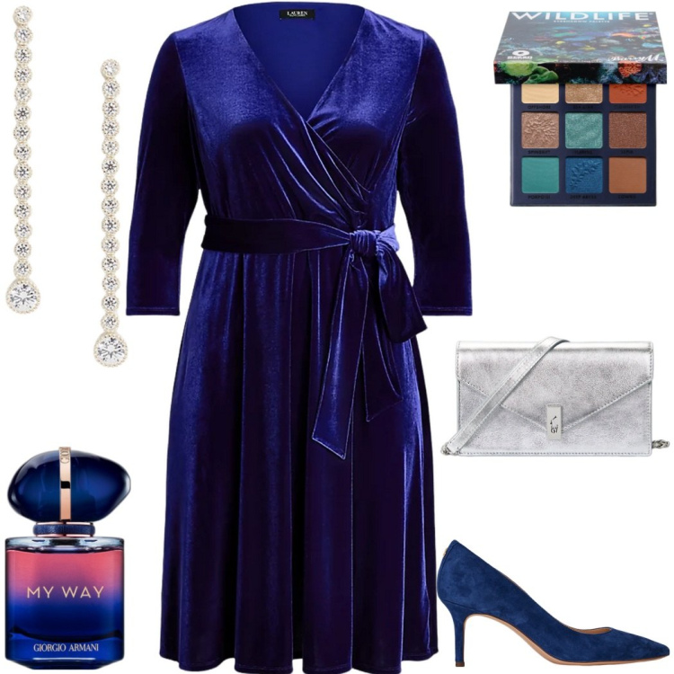 Outfit donna - In blu. Stile Bon Ton per Serata fuori. Abbinamento con profumi, ombretti, orecchini, vestiti, décolleté, clutch.