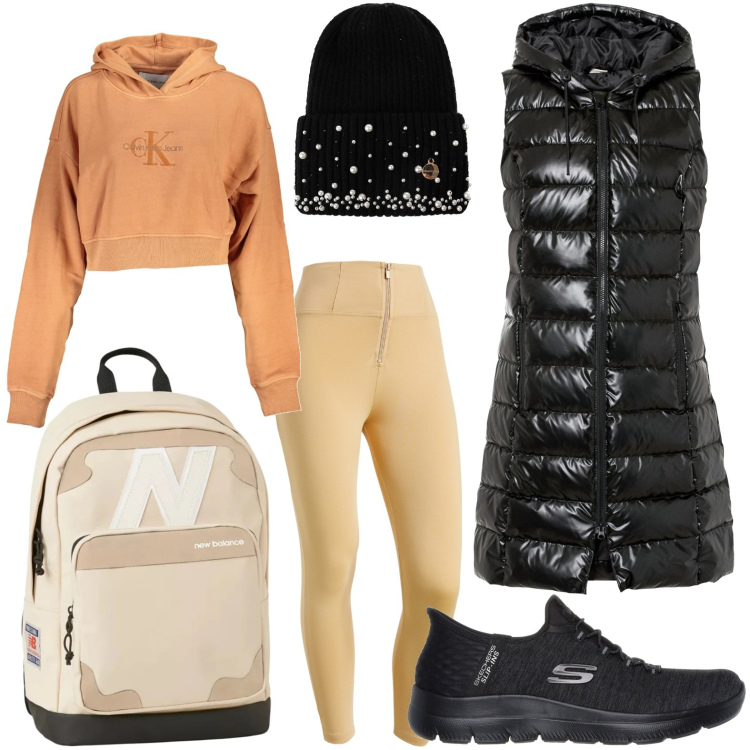 Outfit donna - Sportiva senza tempo. Stile Sporty chic per Sport. Abbinamento con gilet, zaini, berretti, pantaloni skinny, sneakers, felpe con cappuccio.