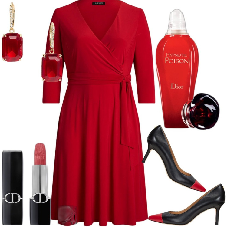 Outfit donna - Cena di natale. Stile Bon Ton per Serata fuori. Abbinamento con profumi, rossetti, vestiti, orecchini, décolleté.