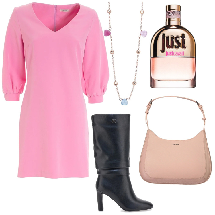 Outfit donna - Avvolgente in rosa. Stile Romantica per Serata fuori. Abbinamento con profumi, collane, vestiti, stivali, borse a spalla.
