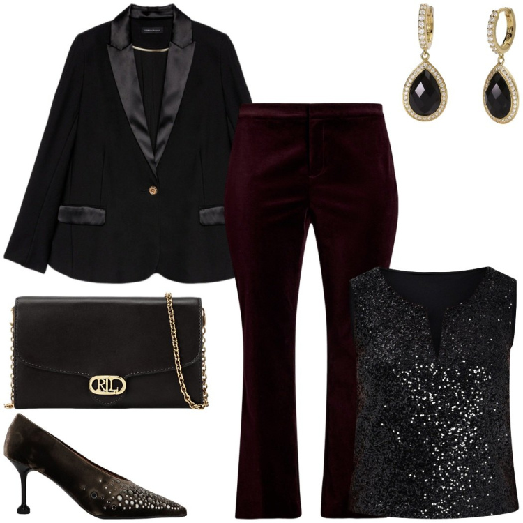 Outfit donna - Tallieur nero. Stile Bon Ton per Serata fuori. Abbinamento con orecchini, top, décolleté, borse a tracolla, pantaloni, blazer.