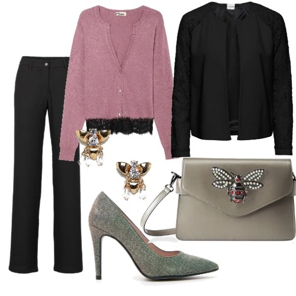 Outfit donna - Trendy #26816. Stile Trendy per Serata fuori. Abbinamento con blazer, pantaloni a palazzo, cardigan con pizzo a maniche lunghe filato rosa, décolleté con tacco alto, borse a spalla, orecchini a bottone farfalla oro.