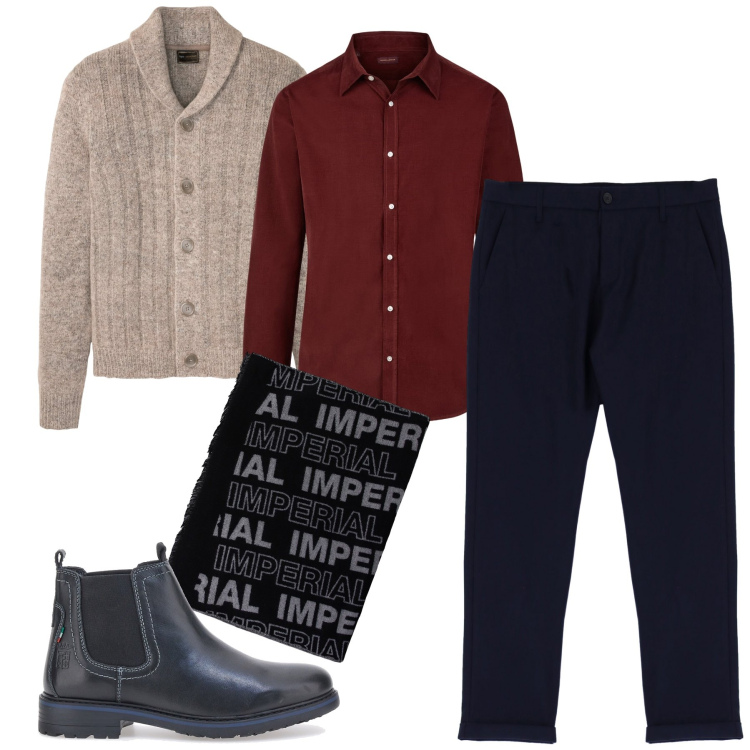 Outfit uomo - La camicia bordeaux. Stile Business/Elegante per Ufficio. Abbinamento con cardigans, pantaloni, sciarpe, stivali e stivaletti, camicie.