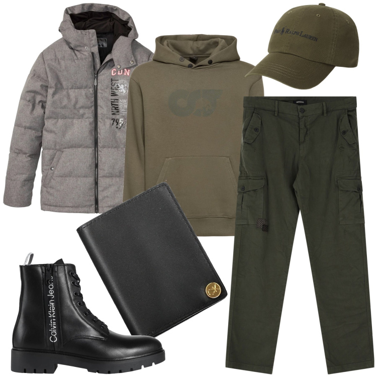 Outfit uomo - Verde muschio. Stile Urban per Tutti i giorni. Abbinamento con giacche, anfibi, pantaloni cargo, cappelli, felpe con cappuccio, portafogli.