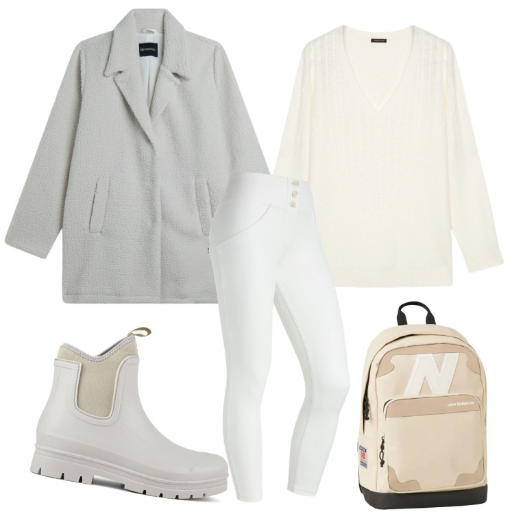 Outfit donna - Bianco minimal. Stile Minimal per Tutti i giorni. Abbinamento con zaini, pantaloni skinny, cappotti, stivali, maglieria.