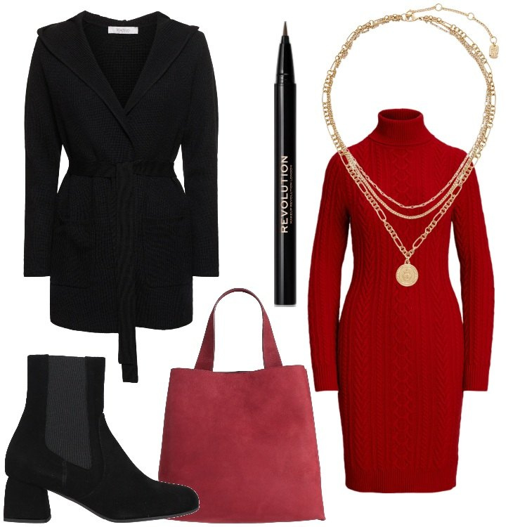 Outfit donna - Aspettando Natale. Stile Casual chic per Serata fuori. Abbinamento con borse a mano, stivaletti chelsea, eyeliner, ciondoli, vestiti, cappotti.