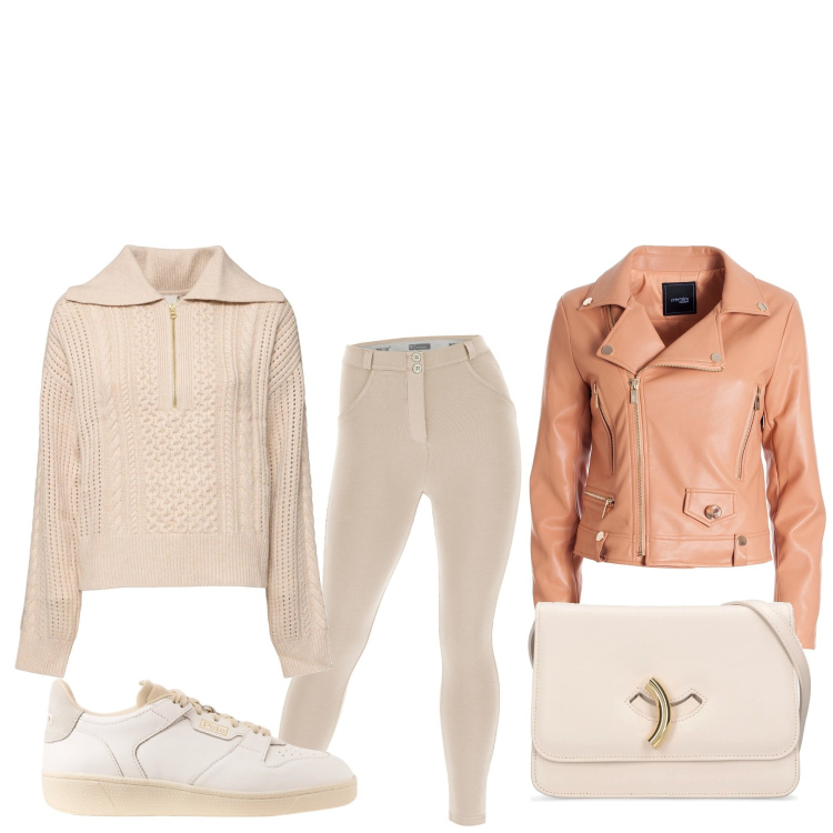 Outfit donna - Pizza in famiglia. Stile Basic per Tutti i giorni. Abbinamento con giacche, pantaloni skinny, sneakers, borse a spalla, maglieria.