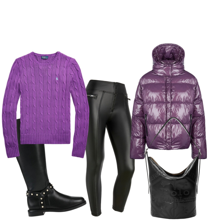 Outfit donna - Viola e nero. Stile Basic per Tutti i giorni. Abbinamento con stivali, pantaloni skinny, borse a secchiello, maglieria, blazer.