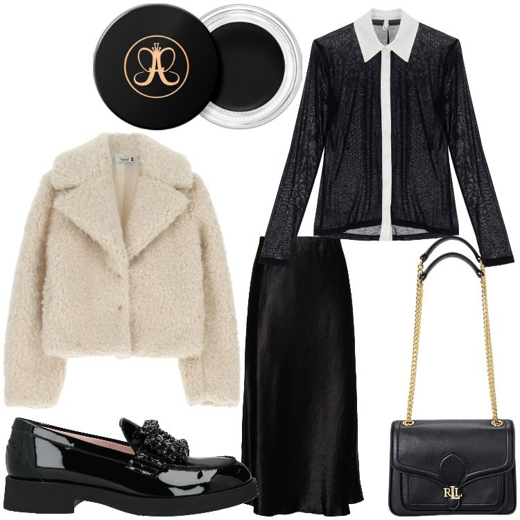 Outfit donna - Gonna chic. Stile Casual chic per Serata fuori. Abbinamento con mocassini, ombretti, blazer, camicie, borse a spalla, gonne longuette.