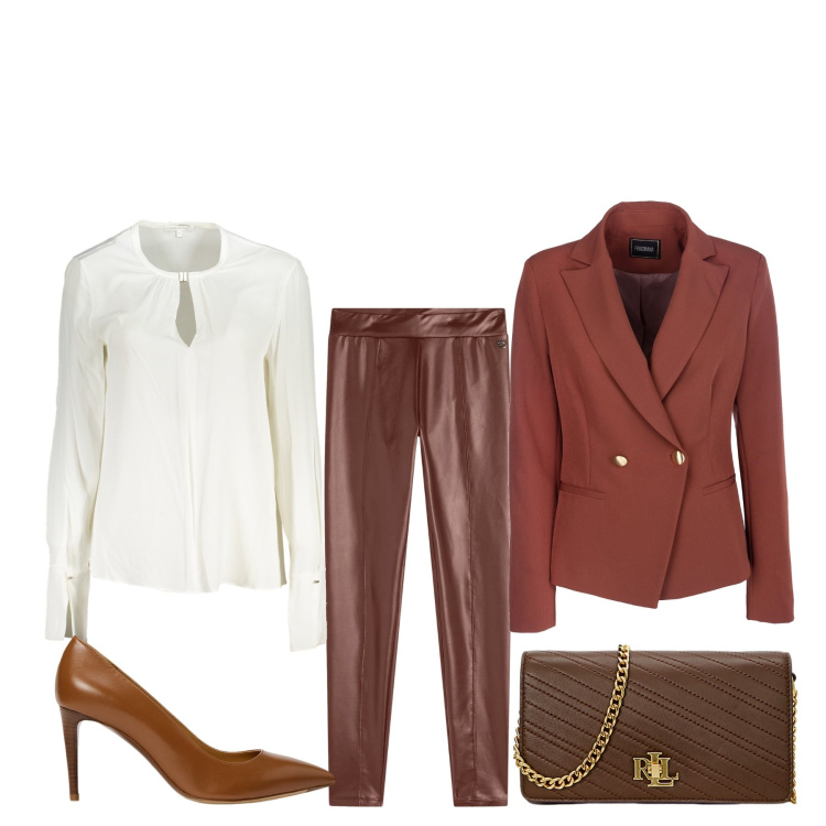Outfit donna - Ritorno in ufficio. Stile Bon Ton per Ufficio. Abbinamento con blazer, treggings, décolleté, borse a mano, camicie.