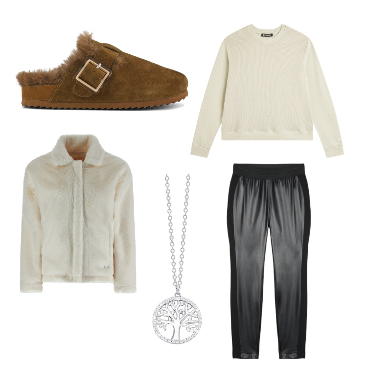 Outfit donna - Aria di vacanza. Stile Casual per Tutti i giorni. Abbinamento con collane, cappotti, felpe, sabot, pantaloni skinny.