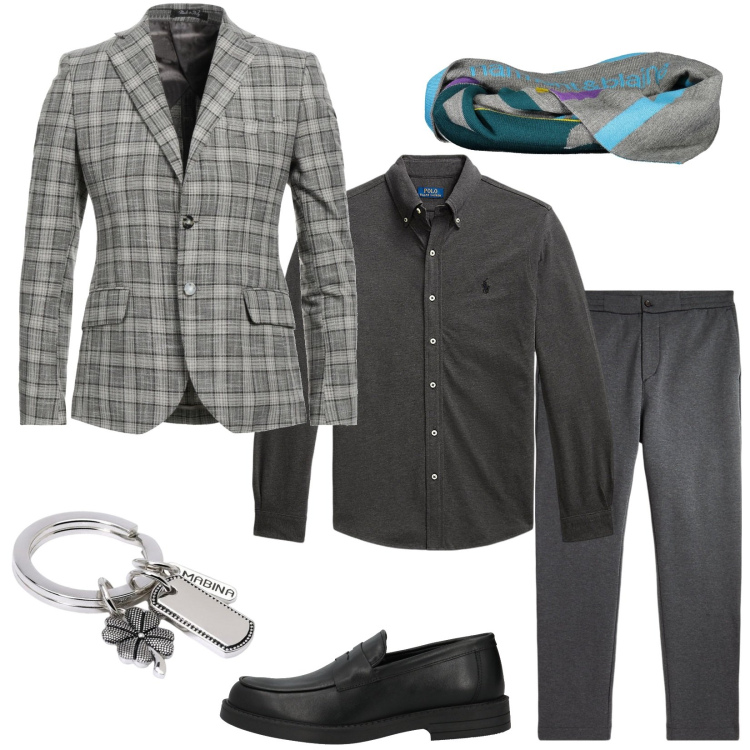 Outfit uomo - Blazer grigio a quadri per l\'ufficio. Stile Business/Elegante per Ufficio. Abbinamento con scarpe stringate, giacche, portachiavi, camicie, pantaloni, sciarpe.