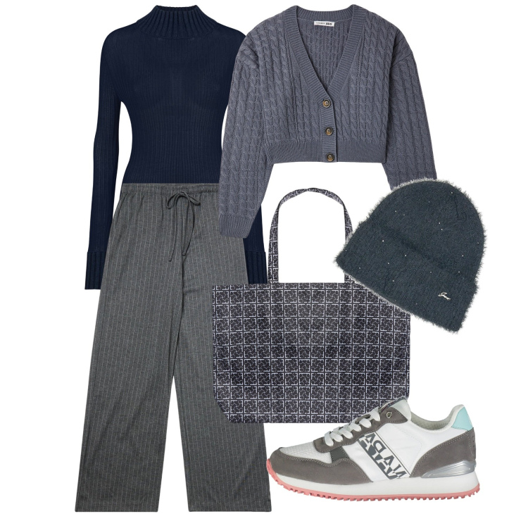 Outfit donna - La spesa del sabato. Stile Basic per Tutti i giorni. Abbinamento con pantaloni, cardigans, shopping bag, maglieria, sneakers, berretti.