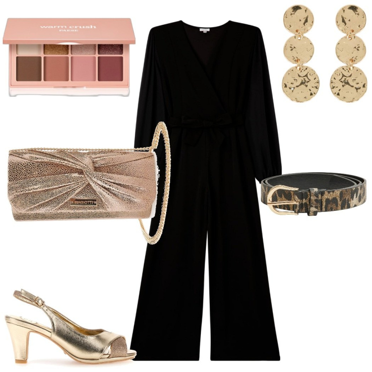 Outfit donna - La tuta nera. Stile Glamour per Serata fuori. Abbinamento con ombretti, tute, cinture, pochette, sandali col tacco, orecchini.