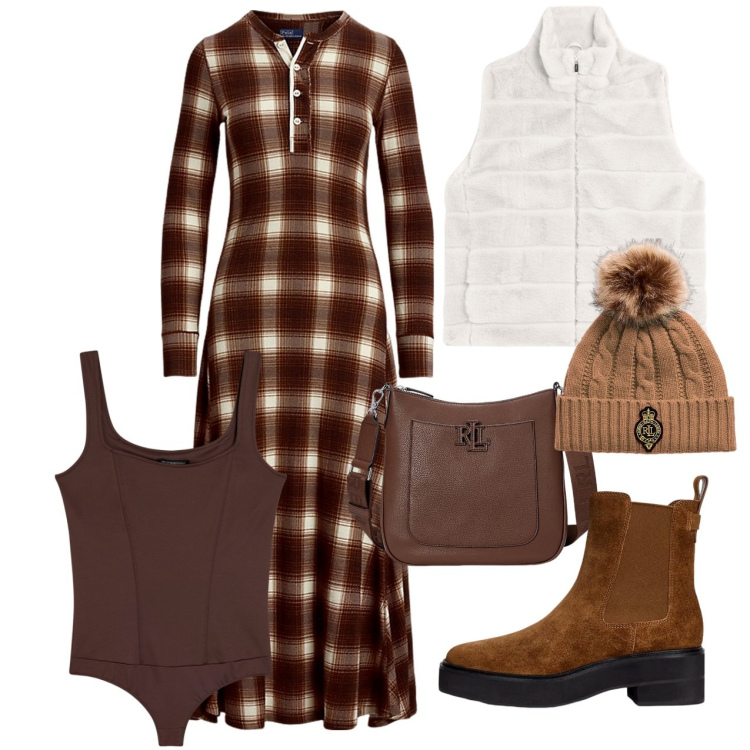 Outfit donna - Chocolat. Stile Bon Ton per Tutti i giorni. Abbinamento con body, gilet, borse a tracolla, vestiti, stivaletti chelsea, berretti.