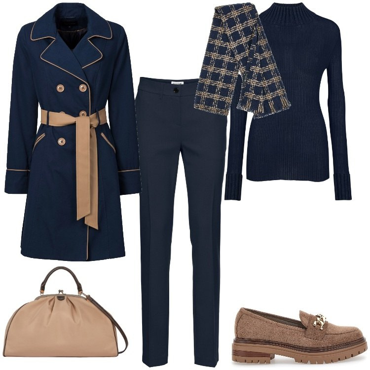Outfit donna - Total look #2017156. Stile Casual chic per Ufficio. Abbinamento con trench, pantaloni, mocassini, maglieria, sciarpe, borse a spalla.