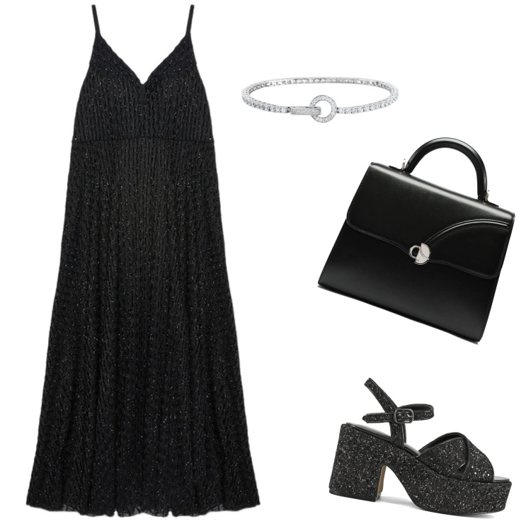 Outfit donna - Argento. Stile Glamour per Cerimonia. look ideale per Petite. Abbinamento con braccialetti, sandali, vestiti lunghi, borse a mano.