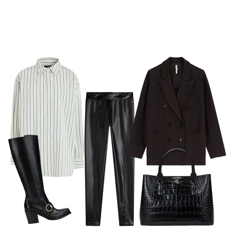 Outfit donna - Serata tra cugini. Stile Basic per Serata fuori. Abbinamento con stivali, camicie, blazer, treggings, borse a mano.