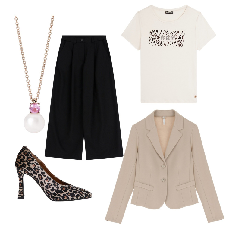 Outfit donna - Total look #2017160. Stile Chic per Serata fuori. Abbinamento con collane, décolleté, blazer, pantaloni a palazzo, t-shirt.