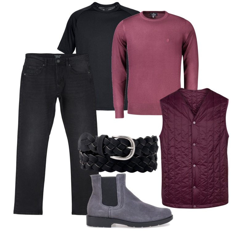 Outfit uomo - Wine. Stile Casual per Serata speciale. Abbinamento con jeans dritti, piumini, maglieria, t-shirt, cinture, stivali e stivaletti.
