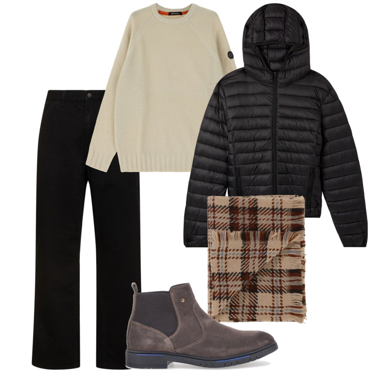 Outfit uomo - Nero e marrone. Stile Casual per Tutti i giorni. Abbinamento con giacche, sciarpe, maglieria, stivali e stivaletti, jeans.