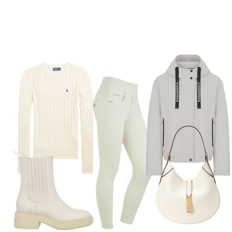 Outfit donna - Bianco neve. Stile Basic per Tutti i giorni. Abbinamento con stivaletti chelsea, jeggings, maglieria, borse a spalla, blazer.