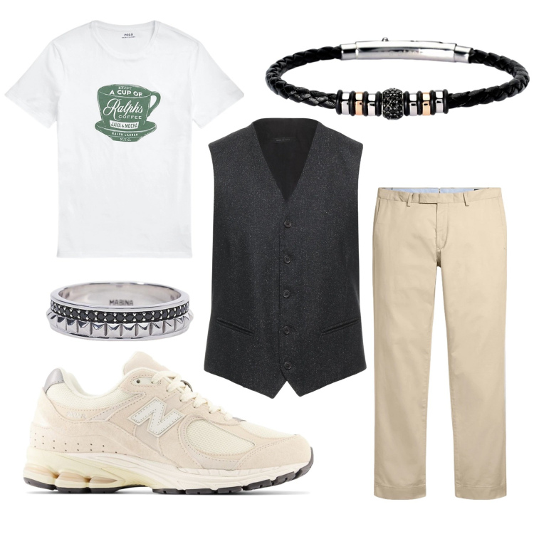 Outfit uomo - Total look #2017170. Stile Casual per Tutti i giorni. Abbinamento con gilet, anelli, braccialetti, sneakers, pantaloni chino, t-shirt.