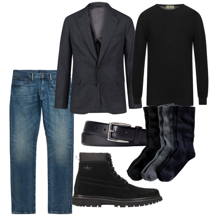 Outfit uomo - Il nero sui jeans. Stile Trendy per Serata speciale. Abbinamento con stivali e stivaletti, pullovers, calzini, cinture, jeans, giacche.