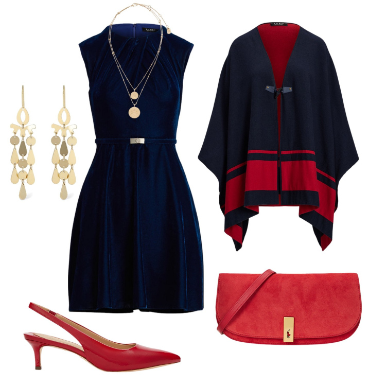 Outfit donna - Velluto blu notte tra le feste natalizie. Stile Chic per Serata fuori. Abbinamento con ciondoli, vestiti, cappotti, décolleté, clutch, orecchini.