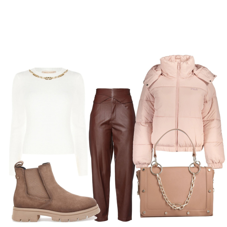 Outfit donna - Il piumino corto. Stile Basic per Tutti i giorni. Abbinamento con pantaloni, borse a mano, maglieria, stivaletti chelsea, blazer.