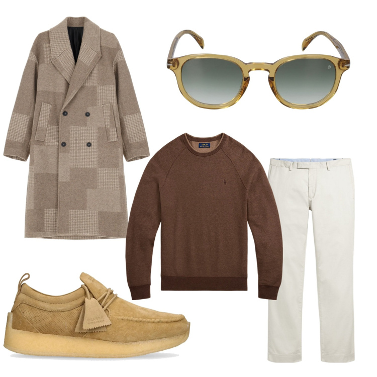 Outfit uomo - Total look #2017180. Stile Trendy per Tutti i giorni. Abbinamento con cappotti, pantaloni chino, maglieria, occhiali da sole, scarpe stringate.