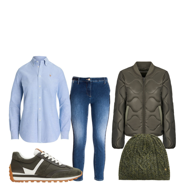 Outfit donna - Il verde militare. Stile Basic per Tutti i giorni. Abbinamento con jeans skinny, camicie, sneakers, berretti, blazer.
