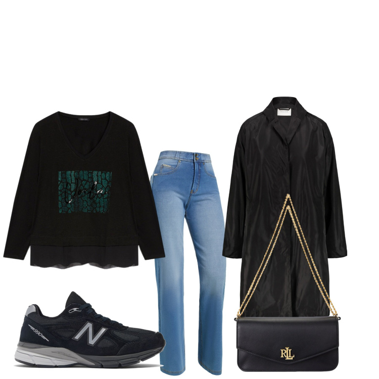 Outfit donna - Accensione luminarie. Stile Basic per Tutti i giorni. Abbinamento con sneakers, jeans, borse a spalla, trench, t-shirt.