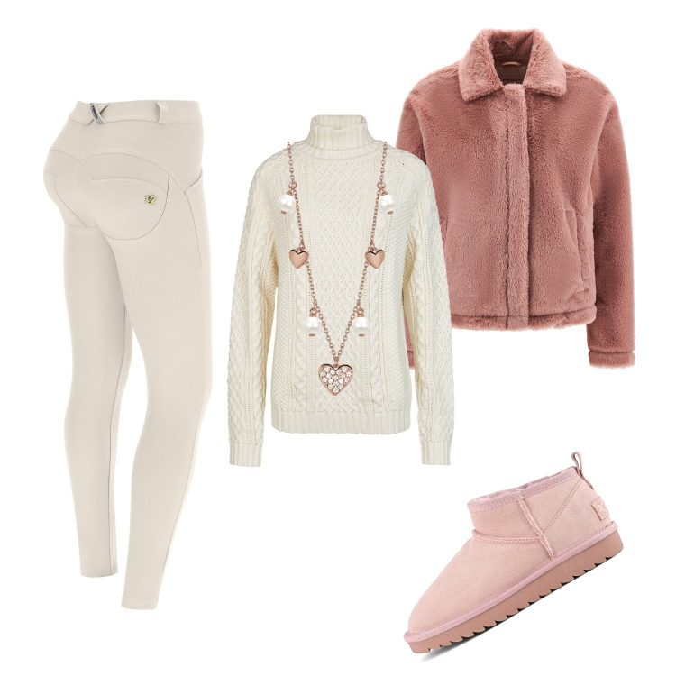 Outfit donna - MarshMallow. Stile Casual per Tutti i giorni. Abbinamento con collane, pantaloni skinny, cappotti, stivali, maglieria.