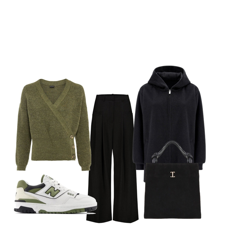 Outfit donna - Ultimo esame dell\'anno. Stile Basic per Scuola/Università. Abbinamento con maglieria, sneakers, shopping bag, cappotti, pantaloni.