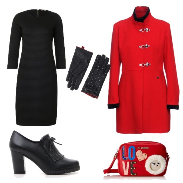 Outfit donna - Shopping Natalizio. Stile Sexy per Tutti i giorni. Abbinamento con cappotto collo alto a maniche lunghe interno foderato in velluto tinta unita, vestito nero, mocassini, borse a spalla, guanti nero.