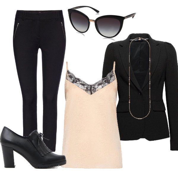 Outfit donna - Trendy #26818. Stile Trendy per Ufficio. Abbinamento con pantalone skinny con taschini crop con zip aderente nero, canottiera con pizzo e spalline beige, mocassini, blazer nero, collana lunga in oro rosa con catenina multicolore, occhiali da sole nero.
