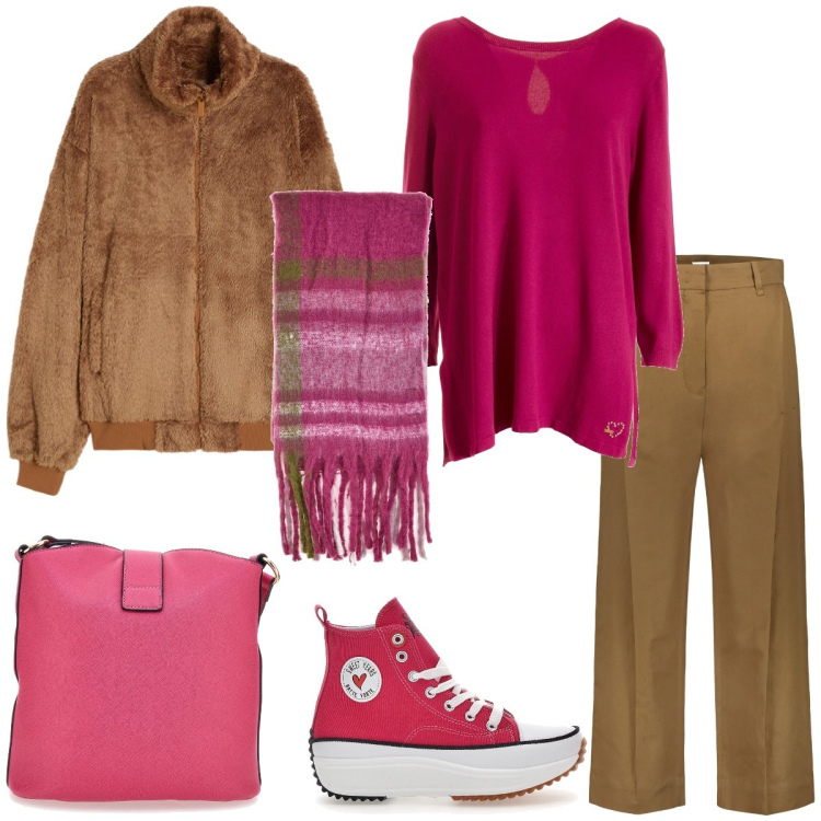 Outfit donna - Università. Stile Casual per Ufficio. Abbinamento con maglieria, blazer, sneakers, sciarpe, pantaloni, borse a spalla.
