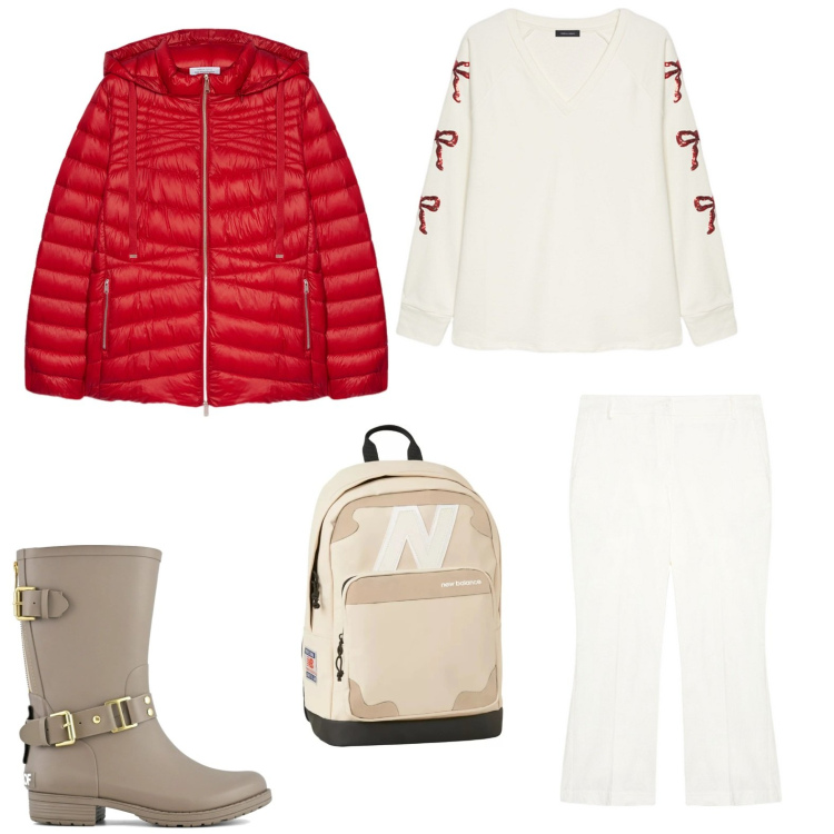 Outfit donna - Total look #2017211. Stile Casual chic per Scuola/Università. Abbinamento con zaini, stivali, pantaloni, felpe, piumini.