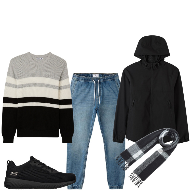 Outfit uomo - Pizza tra colleghi. Stile Urban per Tutti i giorni. Abbinamento con giacche, jeans, sciarpe, maglieria, sneakers.