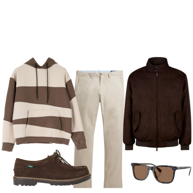 Outfit uomo - Domenica mattina. Stile Urban per Tutti i giorni. Abbinamento con felpe con cappuccio, pantaloni, scarpe stringate, occhiali da sole, giacche.