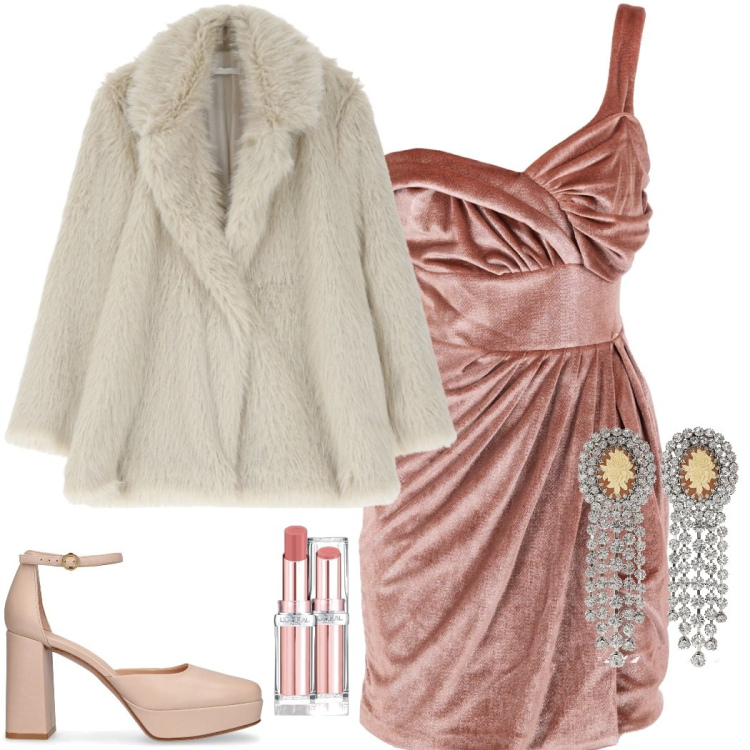 Outfit donna - Abito monospalla. Stile Glamour per Serata fuori. Abbinamento con rossetti, vestiti asimmetrici, ecopellicce, orecchini, décolleté.