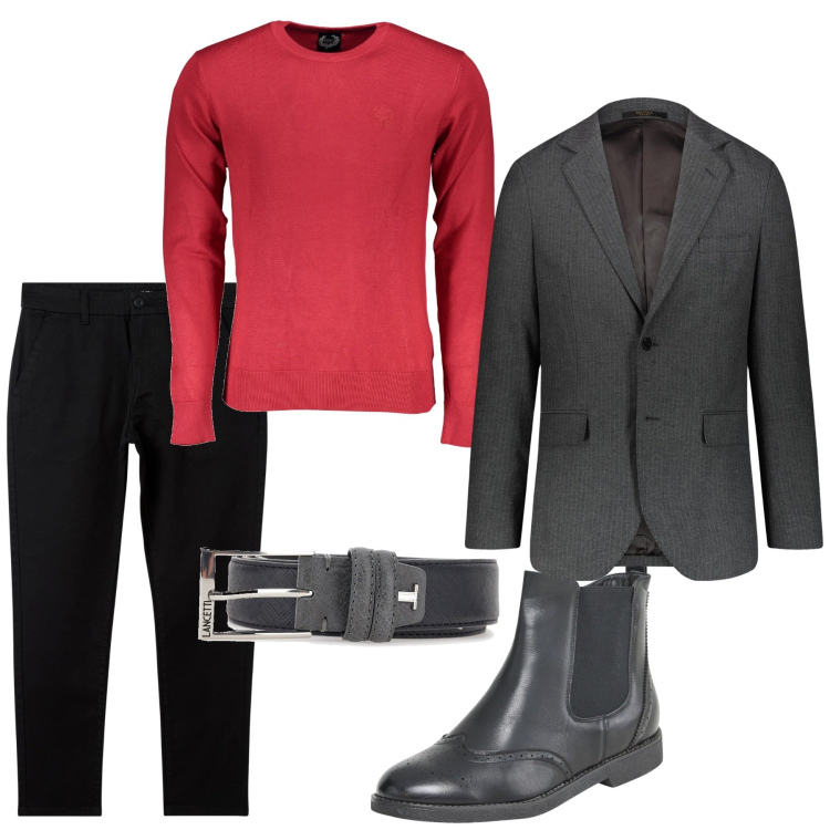 Outfit uomo - Il pull rosso. Stile Urban per Serata speciale. Abbinamento con pantaloni chino, stivali e stivaletti, giacche, cinture, maglieria.