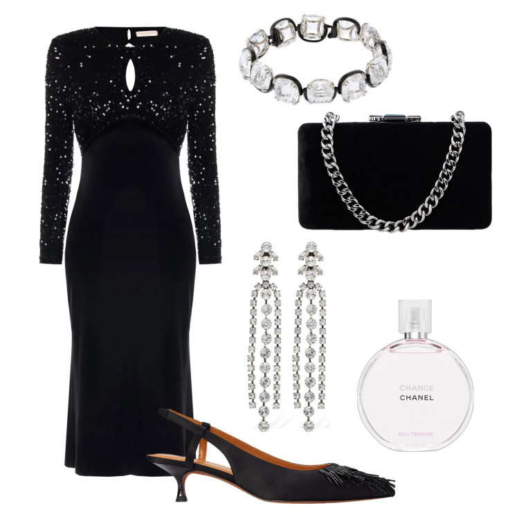 Outfit donna - Nero velvet e raso. Stile Bon Ton per Serata fuori. Abbinamento con profumi, vestiti midi/longuette, sandali gioiello, clutch, braccialetti, orecchini.