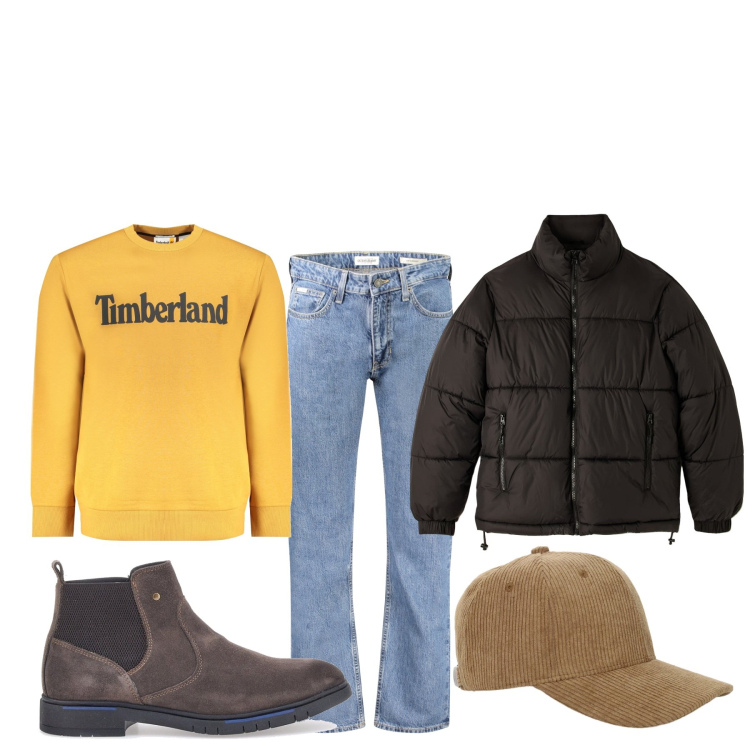 Outfit uomo - Uscita col papà. Stile Urban per Tutti i giorni. Abbinamento con piumini, cappelli, stivali e stivaletti, felpe, jeans.